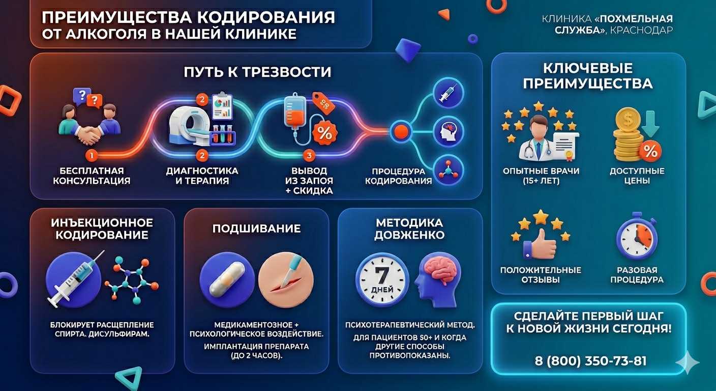 Инфографика о методах кодирования от алкоголя в Гусеве: инъекции, подшивание, метод Довженко. Преимущества клиники и этапы лечения.