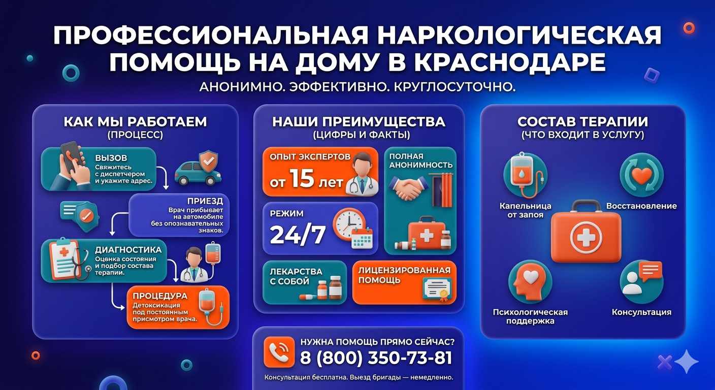 Инфографика о принципах лечения алкоголизма на дому в Гусеве: этапы вызова нарколога, преимущества анонимной детоксикации и состав медицинской помощи.